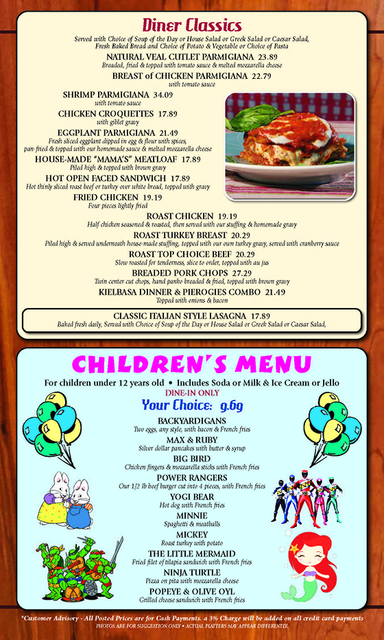 Pastas and children menu Mark twain Diner nj